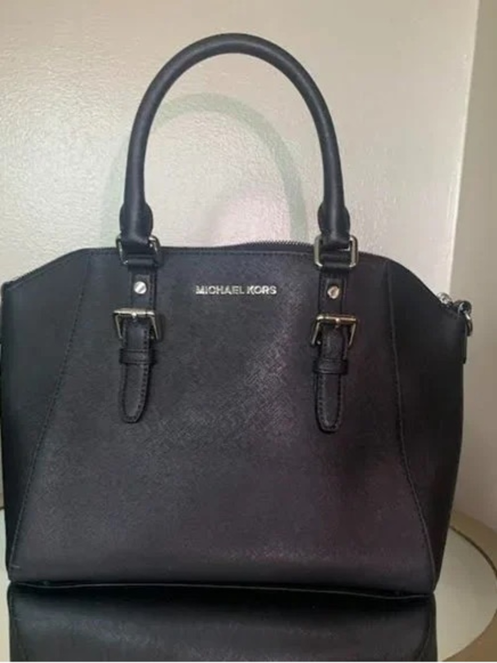 Michael Kors Black Leather Dome Satchel with Gold Hardware